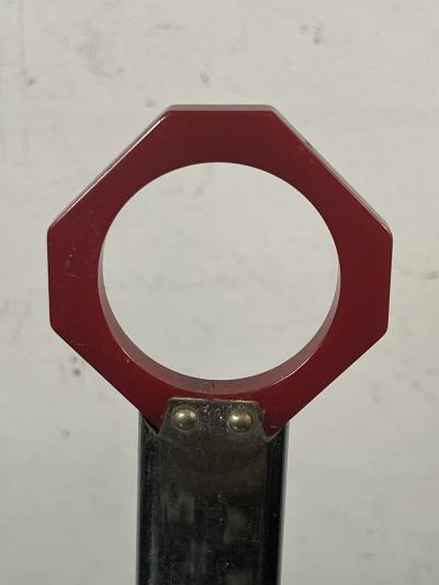  REVERE METALS COMPANY MODERNIST ART DECO CHROME AND RED BAKELITE MAGAZINE RACK BY REVERE