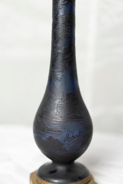  RICHARD BURGSTHAL ART NOUVEAU DARK BLUE P TE DE VERRE TABLE LAMP BY RICHARD BURGSTHAL