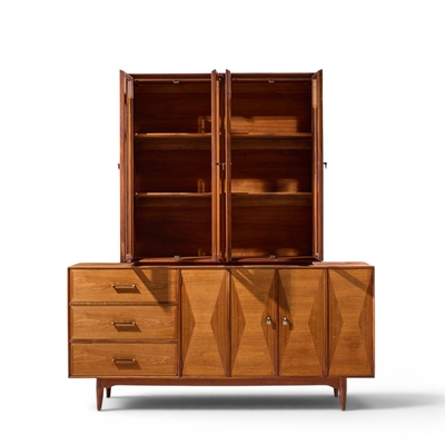  Ramseur Furniture Co Ramseur Harlequin Mid Century Walnut Credenza and Hutch