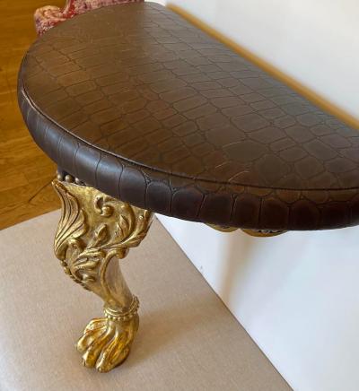  Randy Esada Designs 18th Century Style Giltwood Crocodile Embossed Leather Demilune Corbel Seat