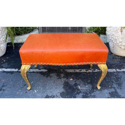  Randy Esada Designs French Deco Gilt Wood Palm Leaf Orange Leather Bench by Randy Esada Designs