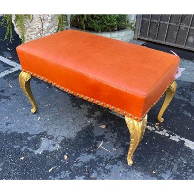  Randy Esada Designs French Deco Gilt Wood Palm Leaf Orange Leather Bench by Randy Esada Designs