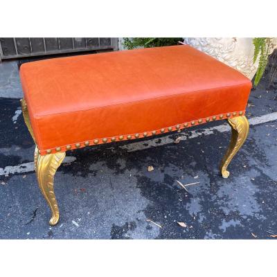  Randy Esada Designs French Deco Gilt Wood Palm Leaf Orange Leather Bench by Randy Esada Designs