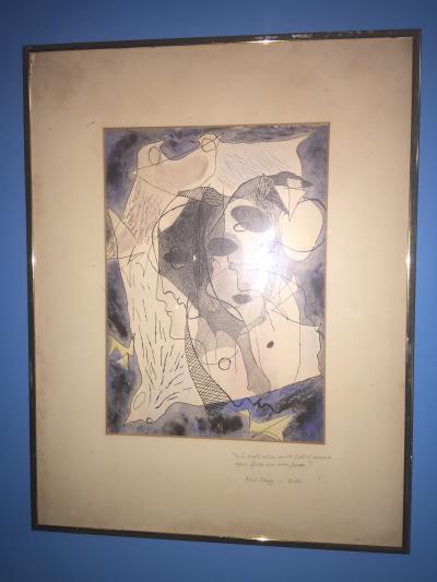  Rathe ABSTRACT WOMANS FACES AND BIRDS WATER COLOR ON PAPER