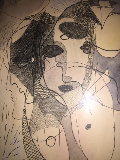  Rathe ABSTRACT WOMANS FACES AND BIRDS WATER COLOR ON PAPER