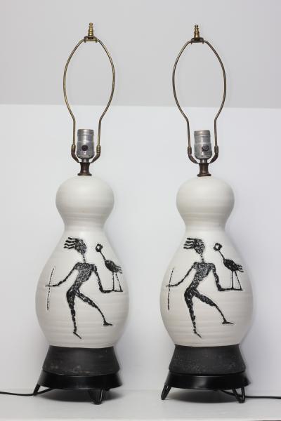  Raymor Pair of Sculpted Ceramic Mid Century Table Lamps by Raymor Italy 1960