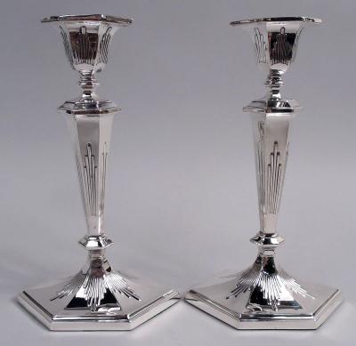  Reed Barton Pair of Reed Barton Snazzy Edwardian Modern Classical Candlesticks