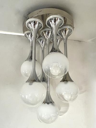 Reggiani 1960 Reggiani Italian Vintage 7 Milk Glass Globe Nickel Flush Pendant Table Lamp