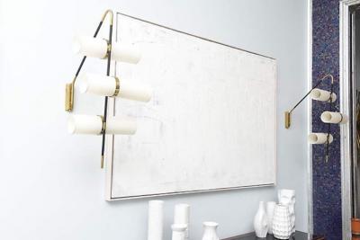  Reggiani Pair of Italian Modern Brass Enameled Parchment Wall Lights Sconces