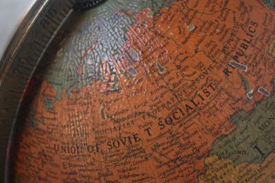  Replogle 1960s Replogle Illuminated Glass Globe on Mahogany Stand