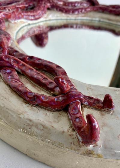  Rexx Fischer Original Ceramic Octopus Mirror with Wood Backing by Florida Artist Rexx Fischer