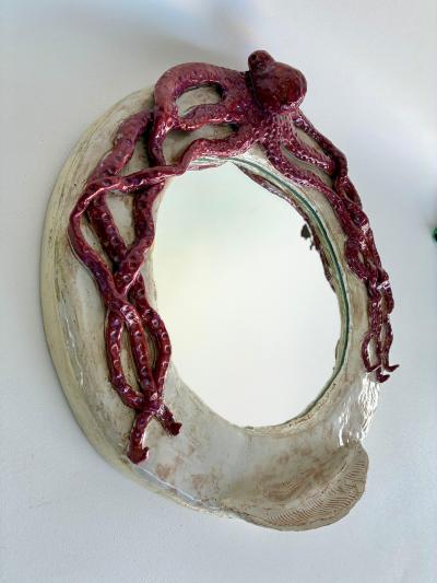  Rexx Fischer Original Ceramic Octopus Mirror with Wood Backing by Florida Artist Rexx Fischer