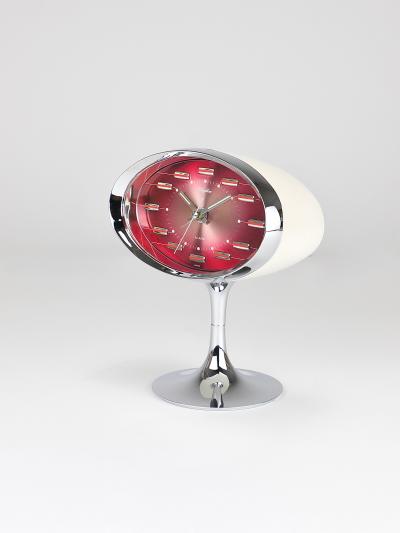 Rhythm Pink Chrome Space Age Table Desk Alarm Clock Tulip Base Rhythm Japan 1970s