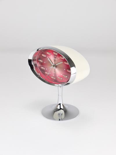  Rhythm Pink Chrome Space Age Table Desk Alarm Clock Tulip Base Rhythm Japan 1970s