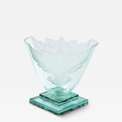  Robert Guenther Frosted and Etched Cut Glass Leaf Vase Bowl on Geometric Base by Robert Guenther