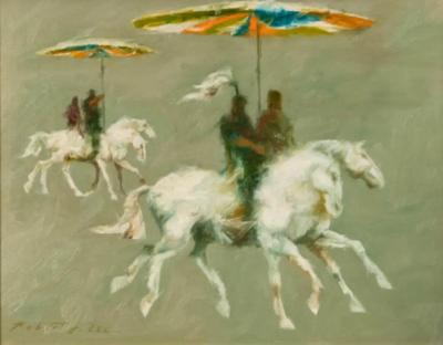  Robert J Lee Original Oil Painting by Robert J Lee of Horses Riders W Umbrellas