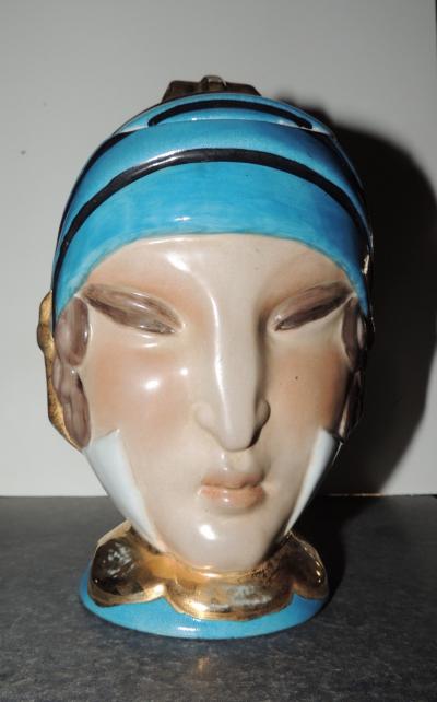  Robj Co French Double Head Art Deco ROBJ Paris signed Ceramic Jar Bonbonniere 1930