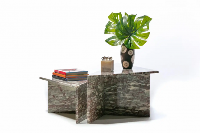  Roche Bobois Post Modern Norwegian Fauske Marble Two Piece Sculptural Coffee Table