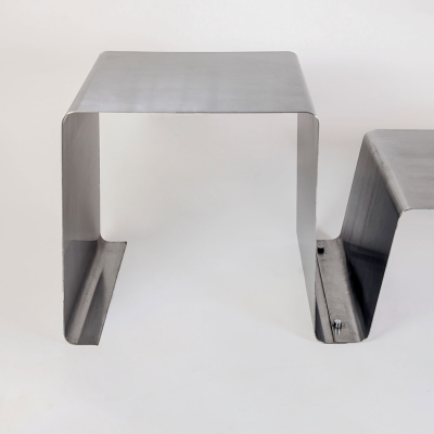  Roche Bobois STAINLESS STEEL COFFEE TABLE AND MOHAIR STOOL ROCHE BOBOIS R D 1970 