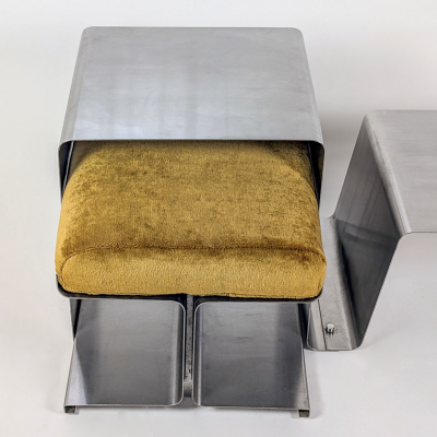  Roche Bobois STAINLESS STEEL COFFEE TABLE AND MOHAIR STOOL ROCHE BOBOIS R D 1970 