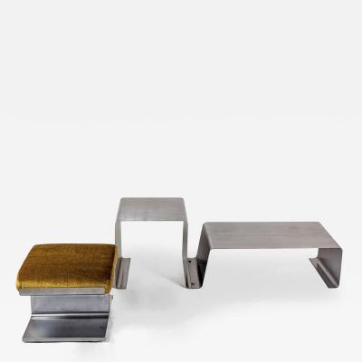  Roche Bobois STAINLESS STEEL COFFEE TABLE AND MOHAIR STOOL ROCHE BOBOIS R D 1970 
