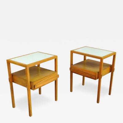  Romweber Furniture Co Pair of Oak and White Leather Nightstands or End Tables by Romweber 1970s