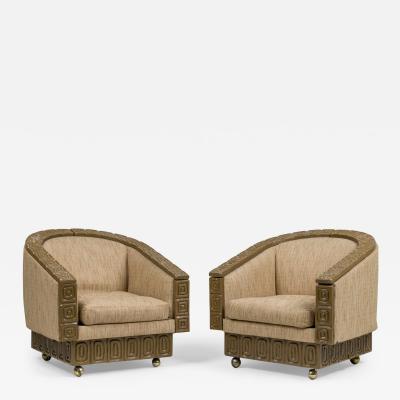  Romweber Pair of Romweber Limed Oak Upholstered Revolving Club Armchairs