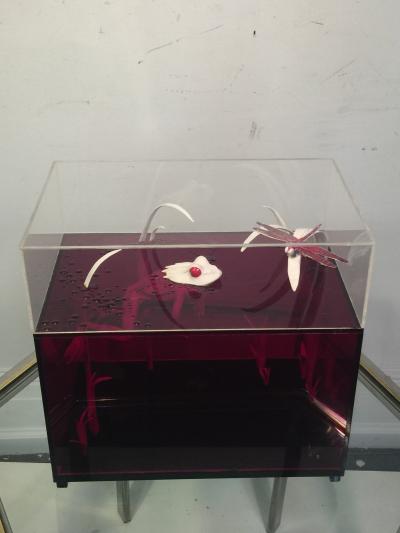  Roselli STRIKING RED CLEAR LUCITE FROG AND DRAGONFLY POP ART DIORAMA