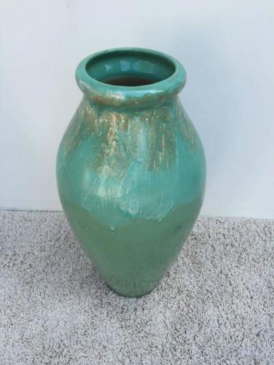  Roseville Pottery Pair of Massive Roseville Ohio Co Ceramic Jadiniers Turquiose Hand Painted