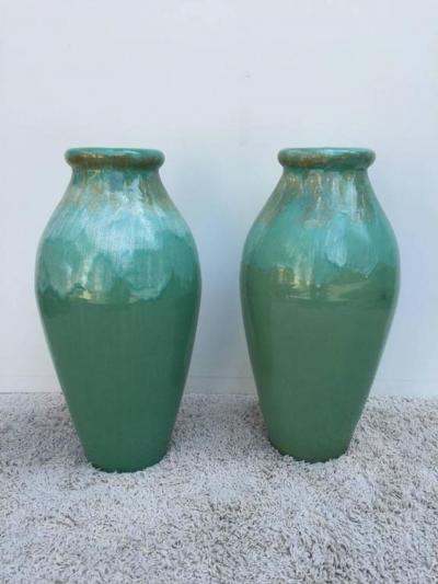  Roseville Pottery Pair of Massive Roseville Ohio Co Ceramic Jadiniers Turquiose Hand Painted