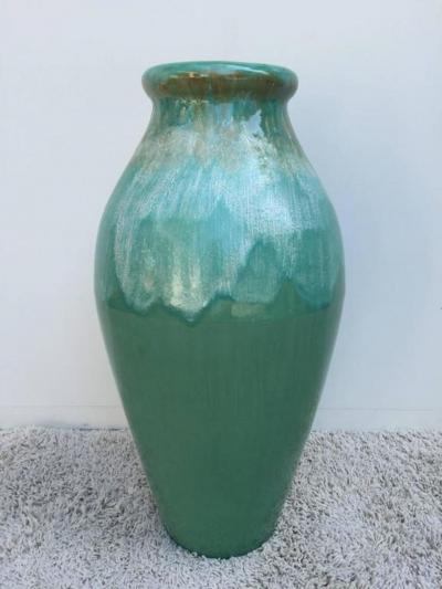  Roseville Pottery Pair of Massive Roseville Ohio Co Ceramic Jadiniers Turquiose Hand Painted