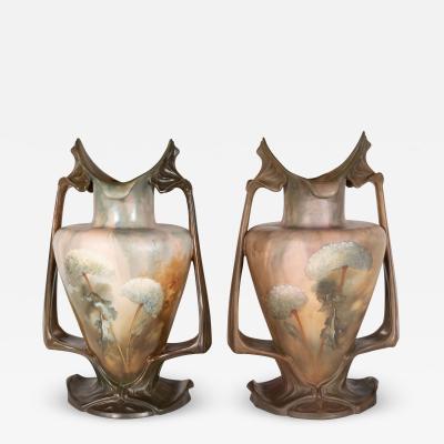  Royal Bonn Pair of Art Nouveau Hand Painted Sculptural Ceramic Vases by Royal Bonn