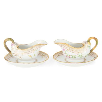  Royal Copenhagen Pair of Royal Copenhagen Flora Danica Porcelain Sauce Boats and Stands