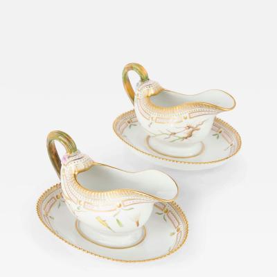 Royal Copenhagen Pair of Royal Copenhagen Flora Danica Porcelain Sauce Boats and Stands