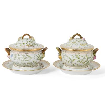  Royal Copenhagen Pair of Royal Copenhagen Flora Danica Porcelain Tureens with Stands