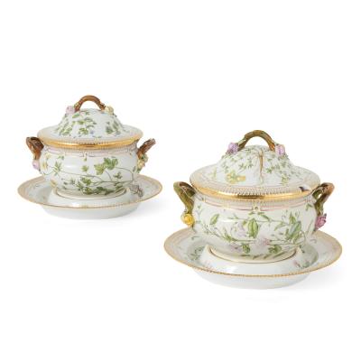  Royal Copenhagen Pair of Royal Copenhagen Flora Danica Porcelain Tureens with Stands