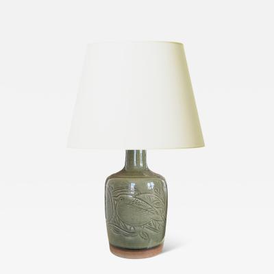  Royal Copenhagen Table Lamp with Carved Bird Reliefs and Olive Celadon Glaze by Nils Thorsson