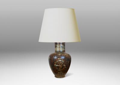  Royal Copenhagen Table Lamp with Figural Relief in Sung Glaze by Jais Nielsen