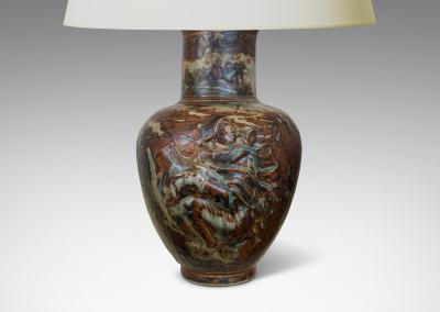  Royal Copenhagen Table Lamp with Figural Relief in Sung Glaze by Jais Nielsen
