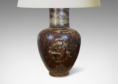  Royal Copenhagen Table Lamp with Figural Relief in Sung Glaze by Jais Nielsen