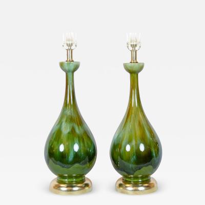  Royal Haeger Earth Tone Drip Glazed Ceramic Lamps with Gilt Hardware