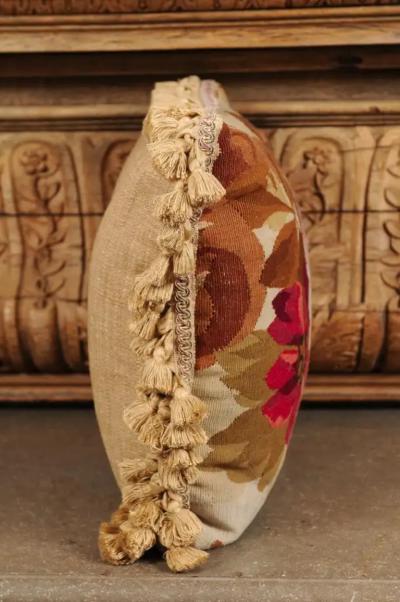  Royal Manufacture of Aubusson 19th Century French Aubusson Woven Tapestry Pillow with Floral D cor and Tassels