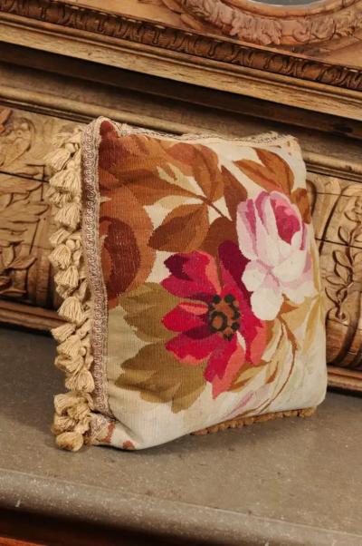  Royal Manufacture of Aubusson 19th Century French Aubusson Woven Tapestry Pillow with Floral D cor and Tassels