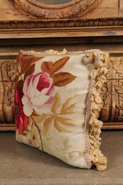  Royal Manufacture of Aubusson 19th Century French Aubusson Woven Tapestry Pillow with Floral D cor and Tassels