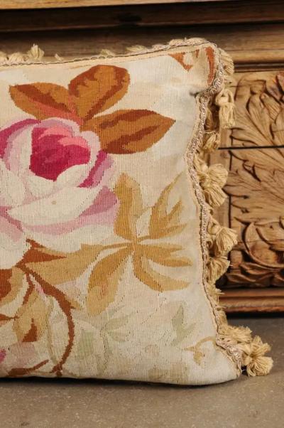 Royal Manufacture of Aubusson 19th Century French Aubusson Woven Tapestry Pillow with Floral D cor and Tassels