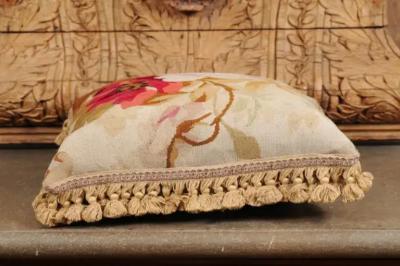  Royal Manufacture of Aubusson 19th Century French Aubusson Woven Tapestry Pillow with Floral D cor and Tassels