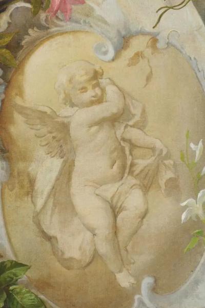  Royal Manufacture of Aubusson French 19th Century Aubusson Cartoon with Floral Decor Surrounding a Cherub