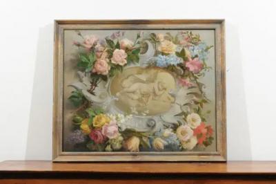  Royal Manufacture of Aubusson French 19th Century Aubusson Cartoon with Floral Decor Surrounding a Cherub
