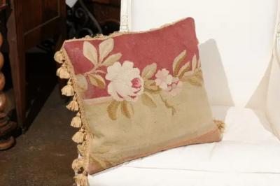  Royal Manufacture of Aubusson French 19th Century Aubusson Tapestry Pillow with Rose and Tassels