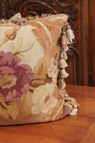  Royal Manufacture of Aubusson French 19th Century Aubusson Woven Tapestry Pillow with Roses D cor and Tassels